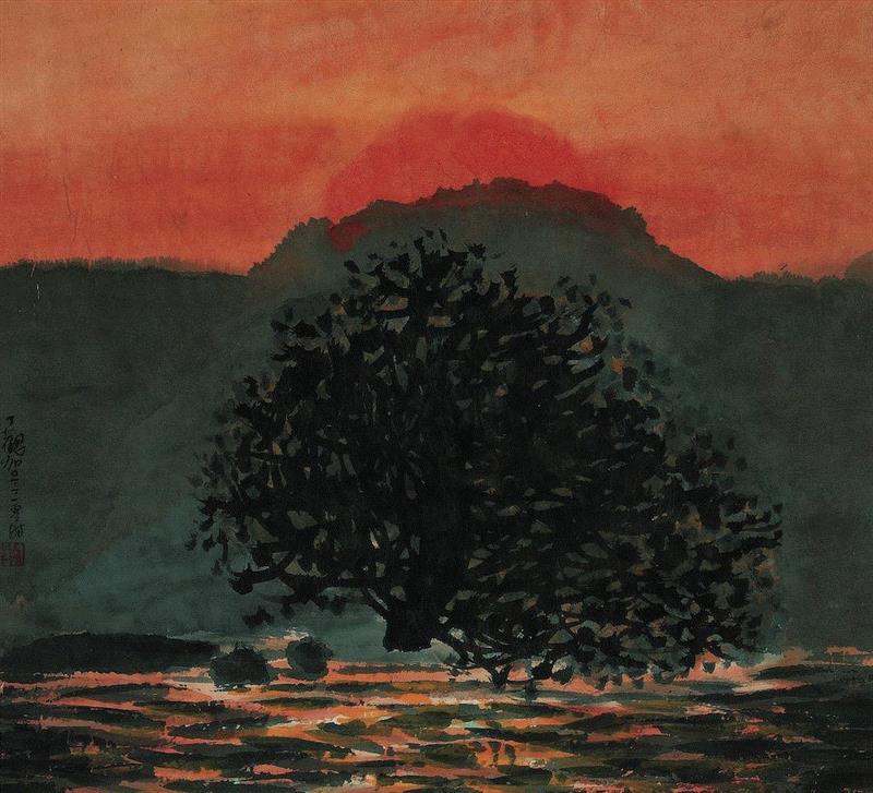 《2001年元旦》 纸本设色  68cm×74.5cm  2001年,“墨彩心意”看江南好山好水,心意,墨彩,江南好山,丁观加,书画,水墨,湿地,江南,刘海粟美术馆,两棵树