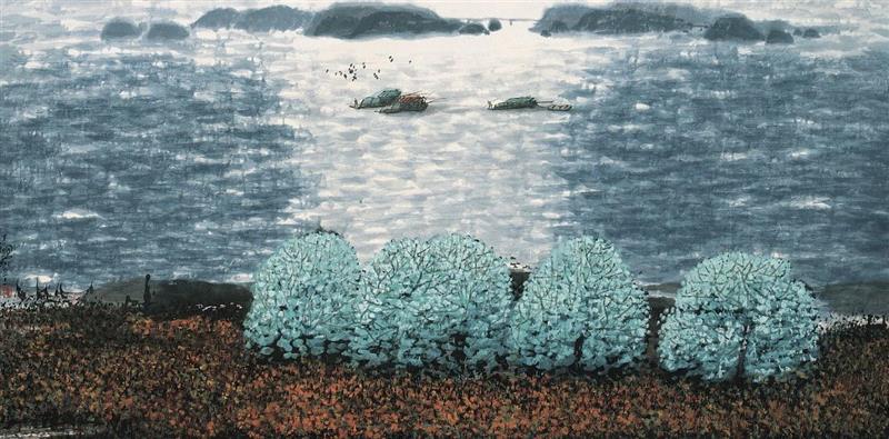 《江南诗情》  纸本设色 67cm×132cm  2002年,“墨彩心意”看江南好山好水,心意,墨彩,江南好山,丁观加,书画,水墨,湿地,江南,刘海粟美术馆,两棵树