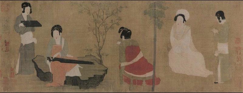 ▲唐 周舫（传）《调琴啜茗图》美国纳尔逊·艾金斯艺术博物馆藏,在《调琴啜茗图》里找找喝茶的正确姿势,调琴啜茗图,姿势,盏托,茶盏,托盘,侍女,博物馆,古人,周舫,茶汤