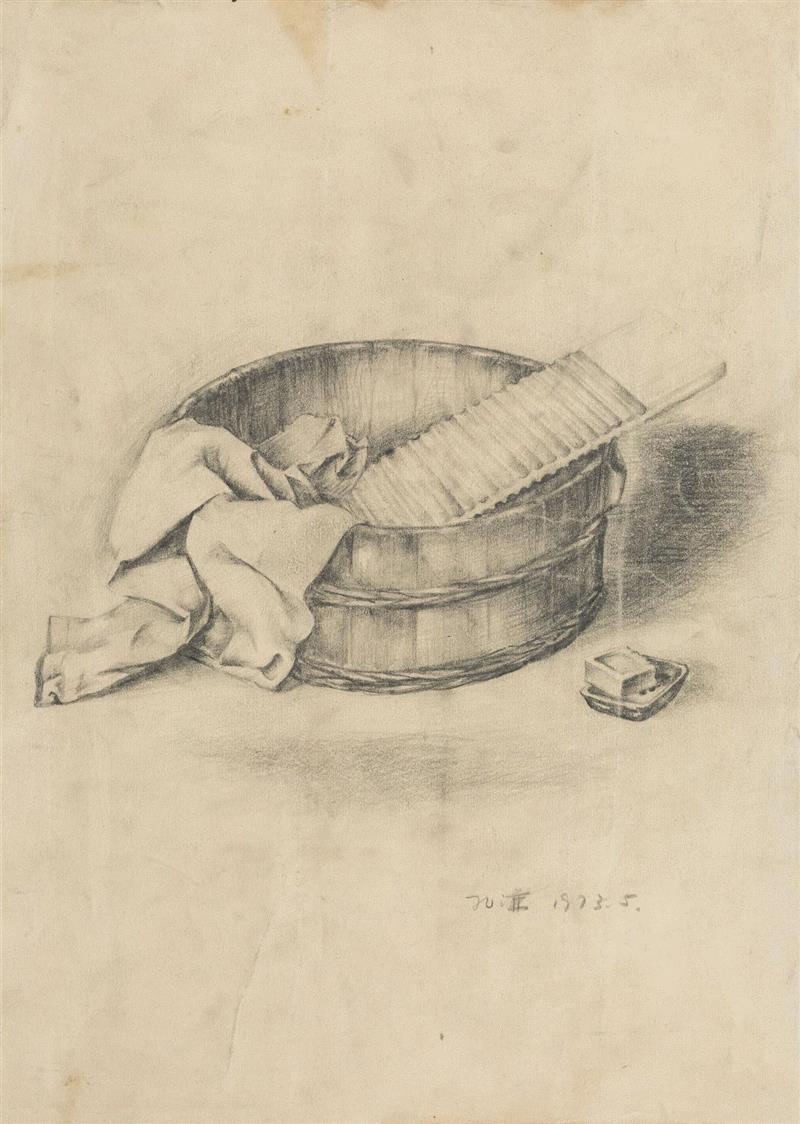 孔千 《木盒与搓板》 1973  纸本素描 30.7×22cm,时代的异象：孔千的素描之路（1973-2019）| 蜂巢北京 展览预告