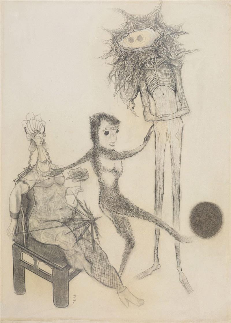 孔千 《掂球的猴》 1997 纸本素描  61.5×44cm,时代的异象：孔千的素描之路（1973-2019）| 蜂巢北京 展览预告
