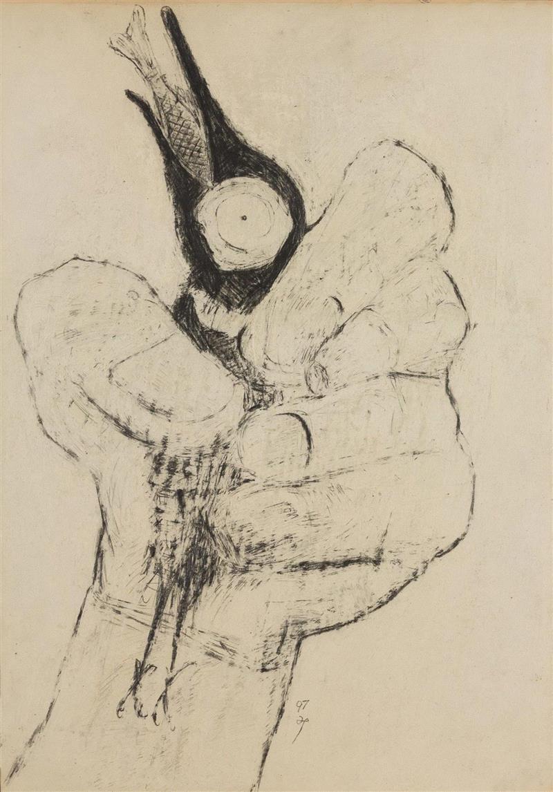 孔千 《手中的鸟》 1997 纸本素描  44.3×30.9cm,时代的异象：孔千的素描之路（1973-2019）| 蜂巢北京 展览预告