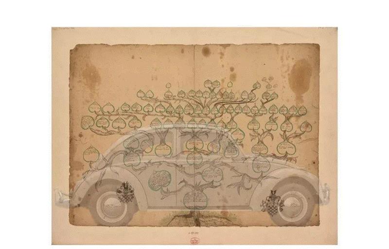 1968年大众甲壳虫与《巴赫家谱》；《巴赫家谱》，作者不详；拼贴/2017,当古董车遇到贝多芬、莫扎特、巴赫……,贝多芬,古董,巴赫,莫扎特,音乐,上海汽车博物馆,乐谱,博物馆,车型,劳夫