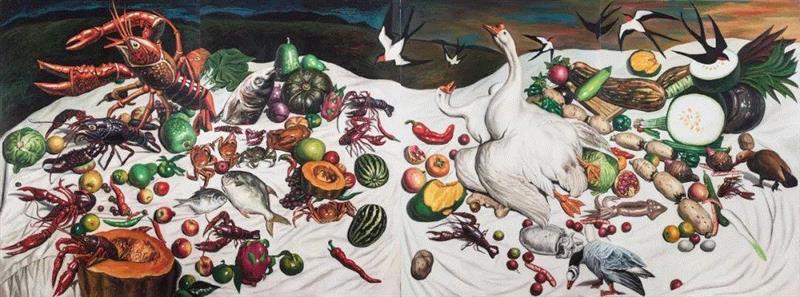 《夜來香》,300 x 800 cm (四联),布面油画,2018,唐人香港 | 秦琦全新个展“夜来香”4月26日呈现,秦琦,夜来香,香港,唐人,油画,异域风情,canvas,崔灿灿,April,殖民地