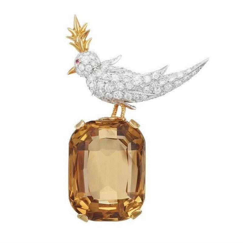蒂芙尼黄晶、钻石和红宝石“Bird on a Rock”胸针，Jean