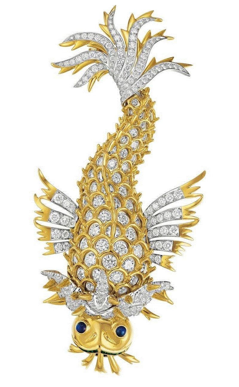 蒂芙尼钻石、蓝宝石、祖母绿和黄金海豚胸针，Jean Schlumberger设计。估价：5