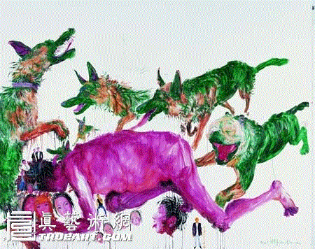 图：《绿狗与红人》，2007年，布面油画，200x250cm,花朵般的生活，彩虹般的生命,周春芽,黑根,石头,绿狗,传统,胡永芬,彩虹,花朵,幸福,hellip,山石,周春芽