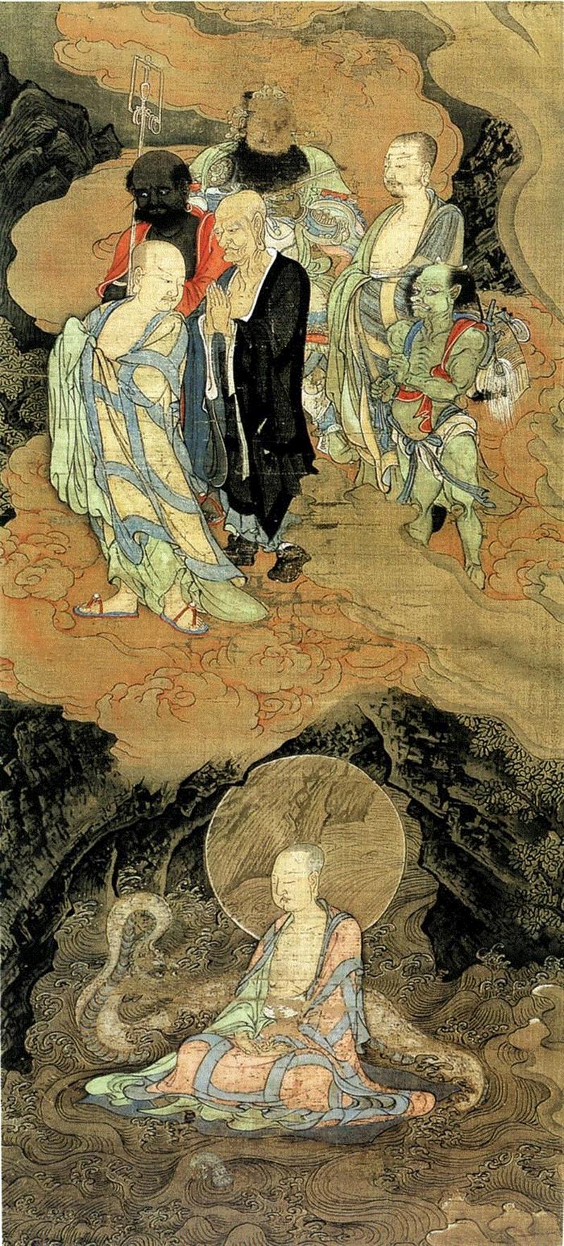 圣佳艺文志丨铸在铜镜上的山水人物画,人物,铜镜,圣佳艺文志丨,罗汉,佛教,人物画,罗汉画,绘画,此镜,罗汉渡海