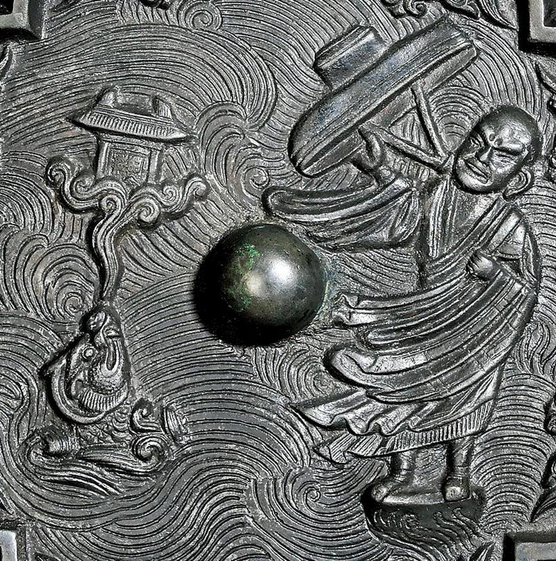 罗汉渡海人物故事镜 （局部）,圣佳艺文志丨铸在铜镜上的山水人物画,人物,铜镜,圣佳艺文志丨,罗汉,佛教,人物画,罗汉画,绘画,此镜,罗汉渡海