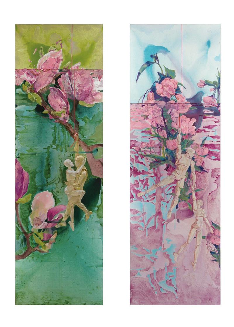 ▲（左）不如一起飞翔  布面油画 60×195cm 2018,超级课堂丨武汉纺织大学学子来到合美术馆邂逅“我自己之歌”,合美术馆,武汉纺织大学,课堂,学子,李蕾,女性,油画,同学们,日记体,绘画