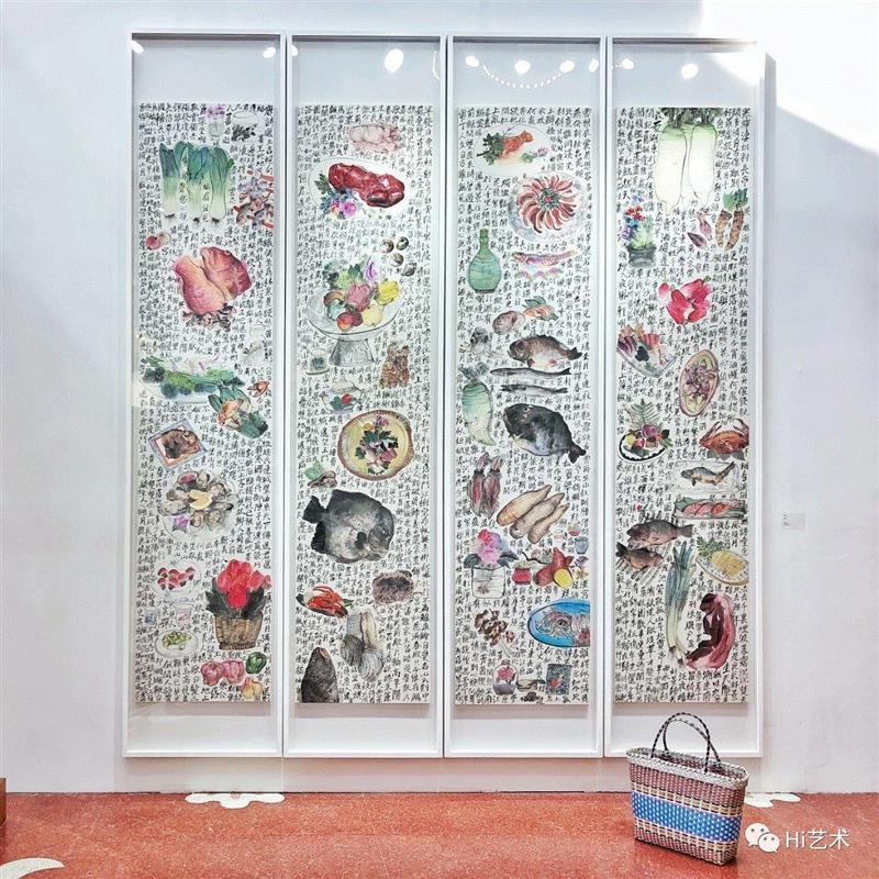 E25 玉兰堂展位，《盛宴》在2018ART021现场,「Hi人物」李津 没有俗的题材，只有俗的人,李津,人物,盛宴,美食,日本,四条屏,海鲜,纸本,异域,食材
