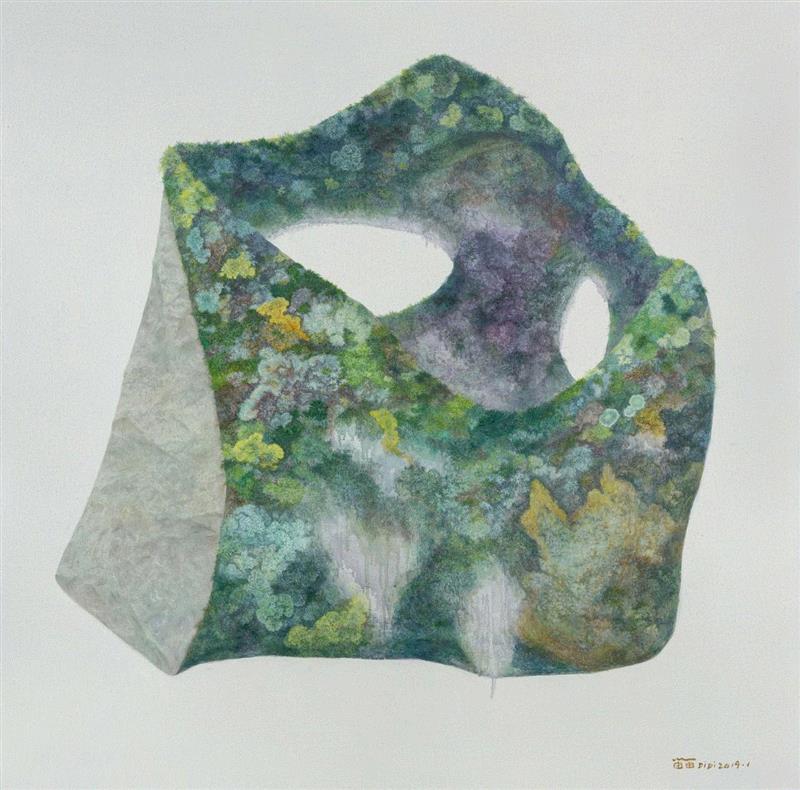 ▲吴笛笛《被显露的石头》100x100cm 布面油画 2019,国家美术·展讯丨吴笛笛个展,吴笛笛,展讯,植物,竹子,石头,苔藓,藤蔓,树木,图案,绘画