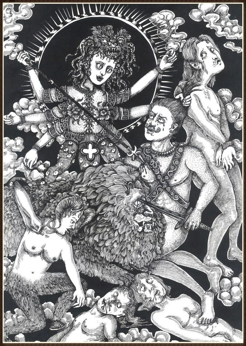 李俊男，楞诺斯岛的屠杀，铜版纸、中性笔，2018，23×42cm，图片由艺术家提供,【BLG LAB】“海面之下是火山” 艺术家与作品介绍,火山,海面,LAB,影像,家书,宋兮,唐潮,李昶,朱湘,贺勋
