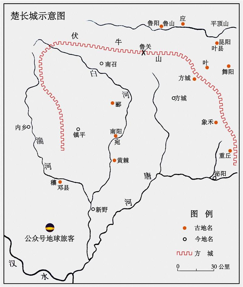 楚长城古称“方城”，全长近500公里，大致呈“几”字形分布，是中国最早的长城。图示为已考证的楚长城的