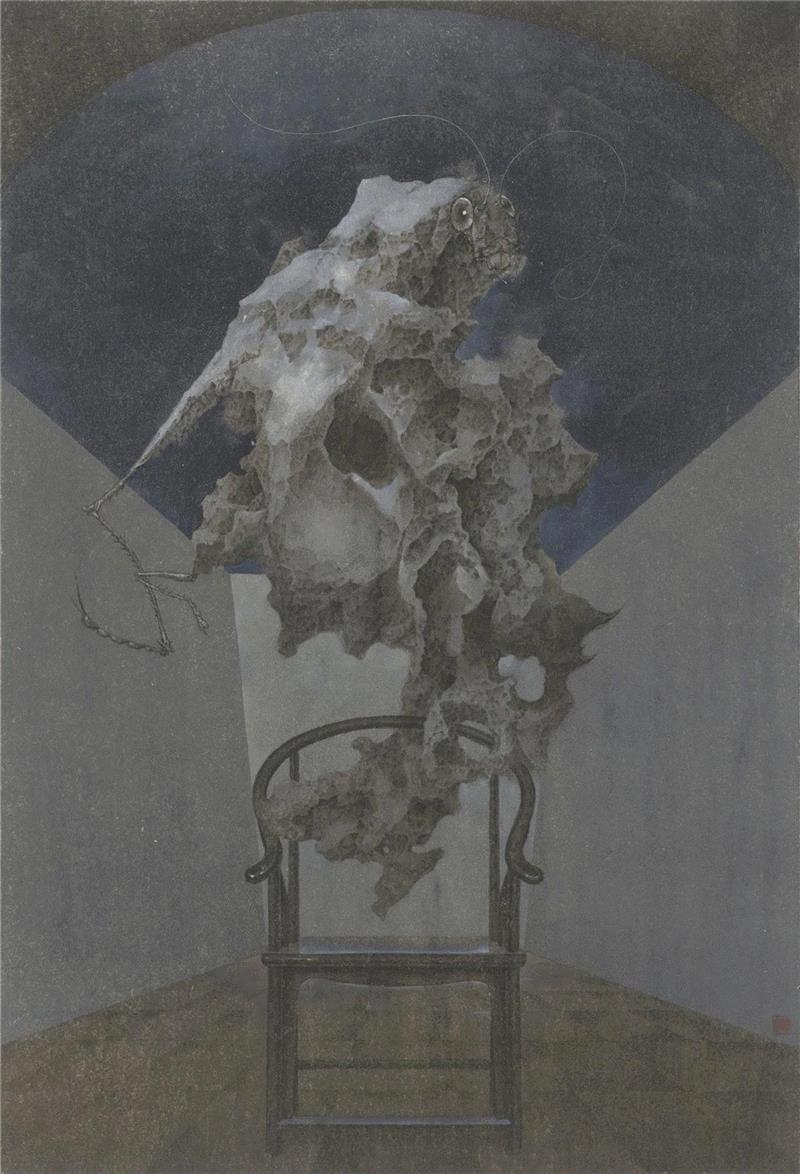 △冷宫·捌  70cmx47cm 纸本设色 2017年,艺术家推介 | 林聪文：片段性的荒诞叙事和隐喻的符号化表达内心思绪,林聪文,思绪,片段性,水墨,纸本,双年展,南京艺术学院美术学院,冷宫,我馆,简介