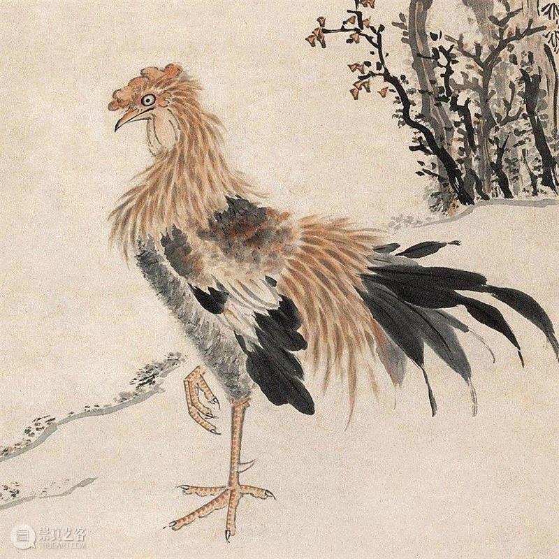 《古木花冠》局部,圣佳讲堂丨随物赋形，各极其趣——沈周《古木花冠》赏析,沈周,圣佳,讲堂,古木花冠,朱文,古木,花冠,画风,吴门画派,雄鸡