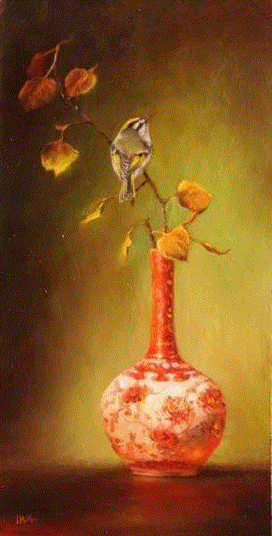 绘画丨Lori McNee油画中的小鸟和中国花瓶,McNee,绘画,油画,小鸟,花瓶,Lori,工作室,上方,右上,静物