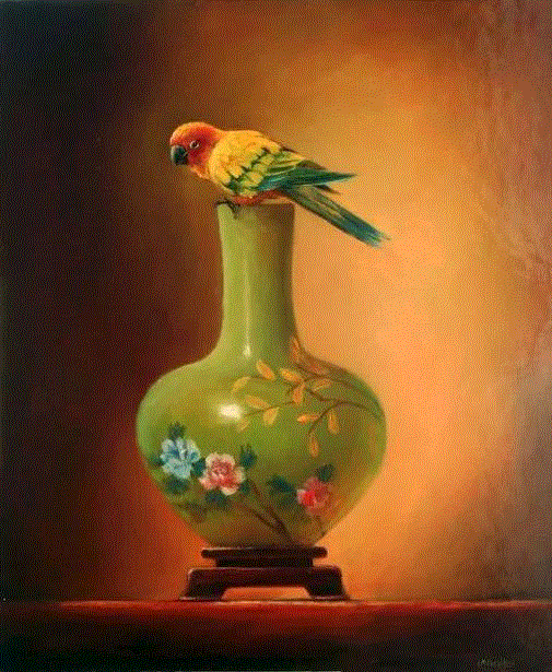 绘画丨Lori McNee油画中的小鸟和中国花瓶,McNee,绘画,油画,小鸟,花瓶,Lori,工作室,上方,右上,静物