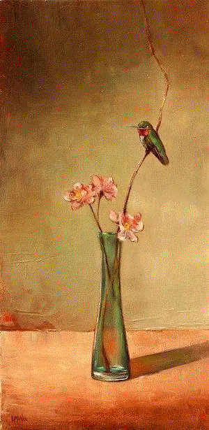绘画丨Lori McNee油画中的小鸟和中国花瓶,McNee,绘画,油画,小鸟,花瓶,Lori,工作室,上方,右上,静物