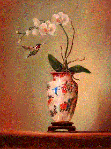 绘画丨Lori McNee油画中的小鸟和中国花瓶,McNee,绘画,油画,小鸟,花瓶,Lori,工作室,上方,右上,静物