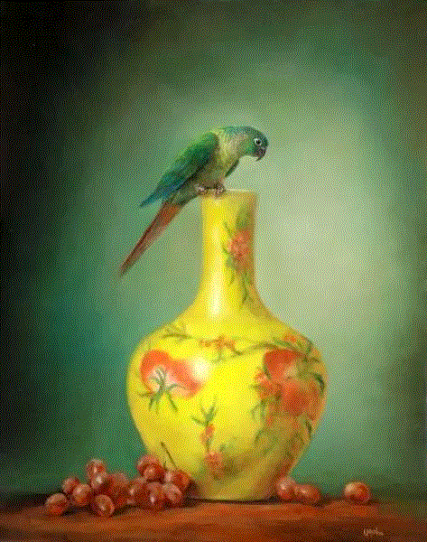 绘画丨Lori McNee油画中的小鸟和中国花瓶,McNee,绘画,油画,小鸟,花瓶,Lori,工作室,上方,右上,静物