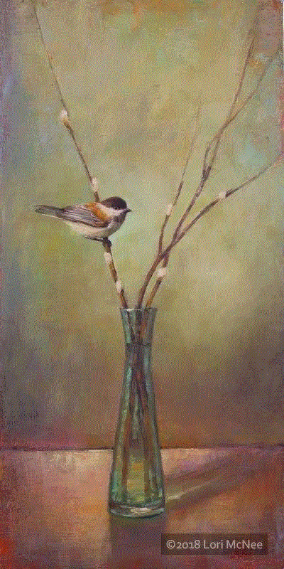 绘画丨Lori McNee油画中的小鸟和中国花瓶,McNee,绘画,油画,小鸟,花瓶,Lori,工作室,上方,右上,静物