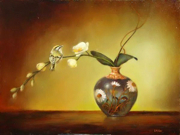 绘画丨Lori McNee油画中的小鸟和中国花瓶,McNee,绘画,油画,小鸟,花瓶,Lori,工作室,上方,右上,静物