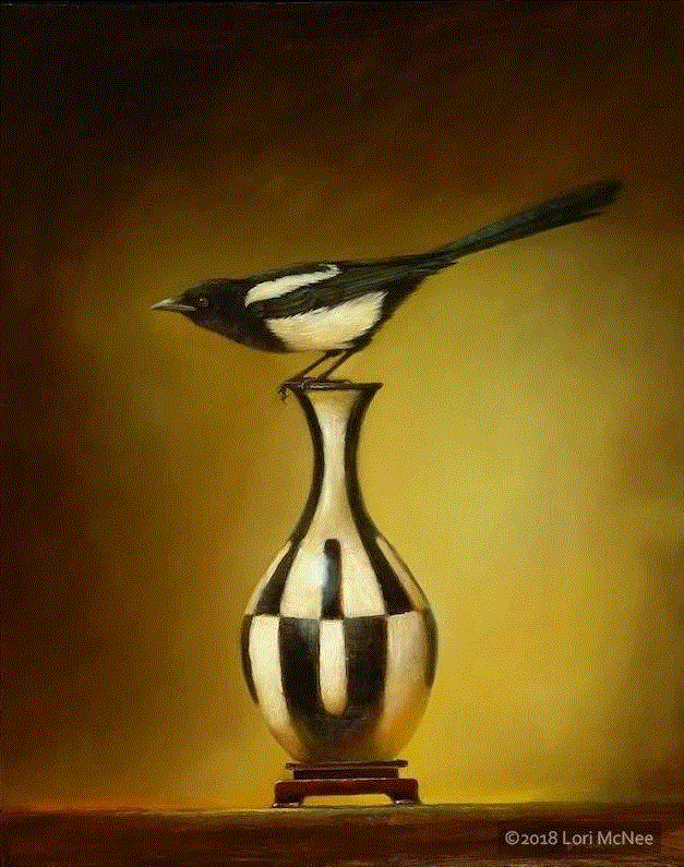 绘画丨Lori McNee油画中的小鸟和中国花瓶,McNee,绘画,油画,小鸟,花瓶,Lori,工作室,上方,右上,静物