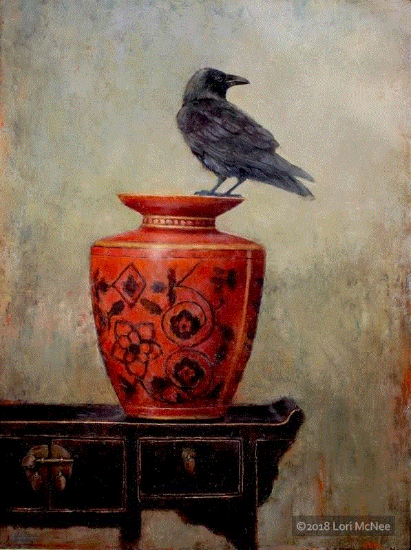 绘画丨Lori McNee油画中的小鸟和中国花瓶,McNee,绘画,油画,小鸟,花瓶,Lori,工作室,上方,右上,静物