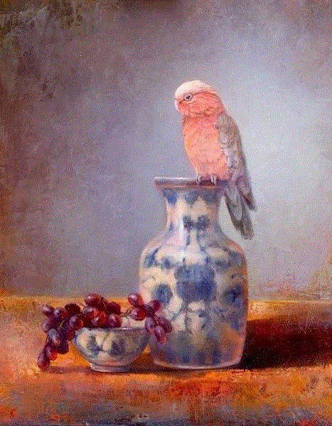 绘画丨Lori McNee油画中的小鸟和中国花瓶,McNee,绘画,油画,小鸟,花瓶,Lori,工作室,上方,右上,静物