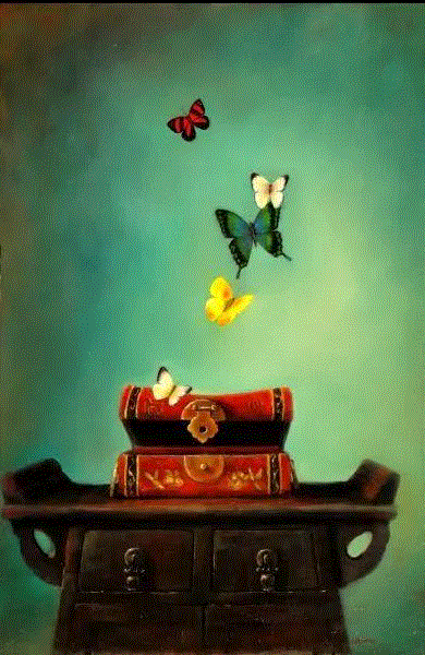 绘画丨Lori McNee油画中的小鸟和中国花瓶,McNee,绘画,油画,小鸟,花瓶,Lori,工作室,上方,右上,静物