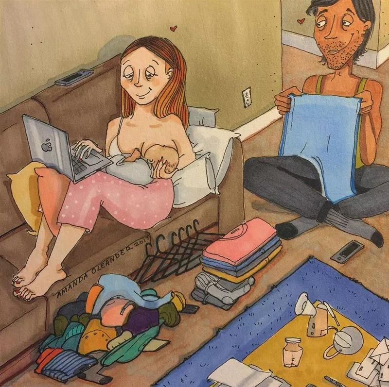 这些看上去很“丑”的插画，确是最真实的生活！,插画,老公,Oleander,真谛,三角裤,额头,粉刺,胡子,腿毛,老婆