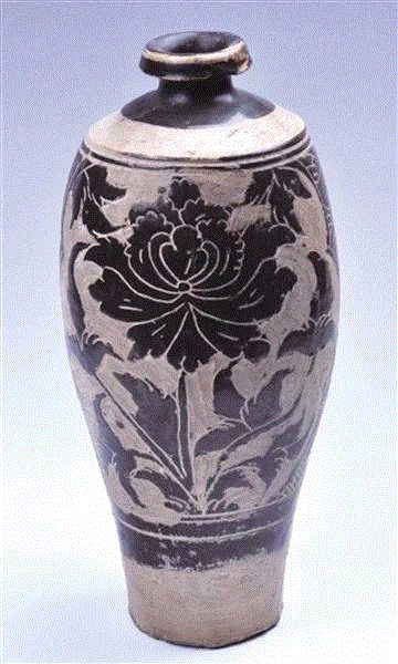 西夏黑釉剔刻牡丹纹梅瓶，内蒙古博物院藏,看牡丹纹识别瓷器年代？你也可以！,牡丹纹,瓷器,牡丹,器物,纹饰,青花,故宫博物院,花瓣,西夏,元代