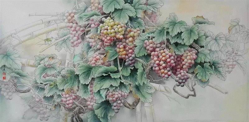 晶莹剔透 ！国画工笔葡萄，看了让人流口水,国画工笔葡萄,上方