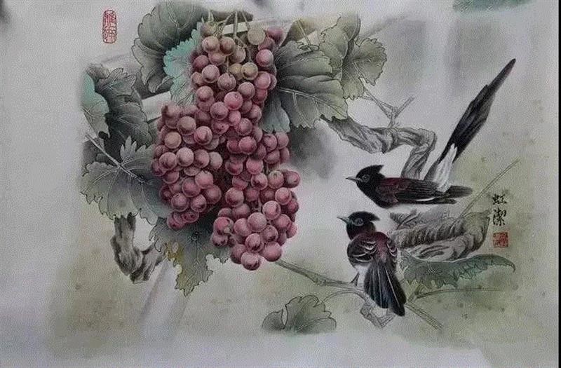 晶莹剔透 ！国画工笔葡萄，看了让人流口水,国画工笔葡萄,上方
