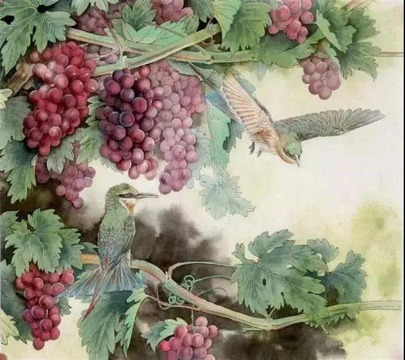晶莹剔透 ！国画工笔葡萄，看了让人流口水,国画工笔葡萄,上方