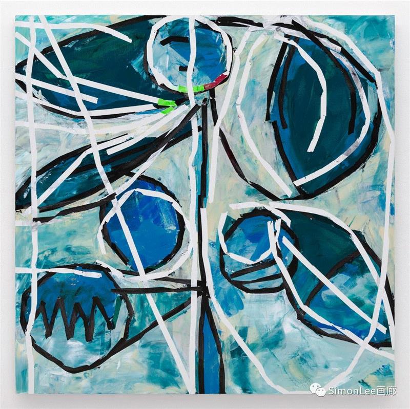 海莫·佐伯尼格,2018年,布面油彩,200 x 200 cm ,「 但在影像的线上写上NO这个字;