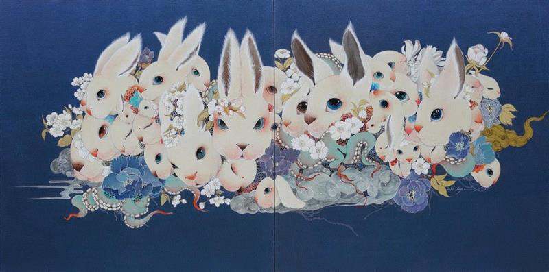 贺娟，《我欲而遇》，布面综合材料，100 x 200 cm，2017 ? 艺术家