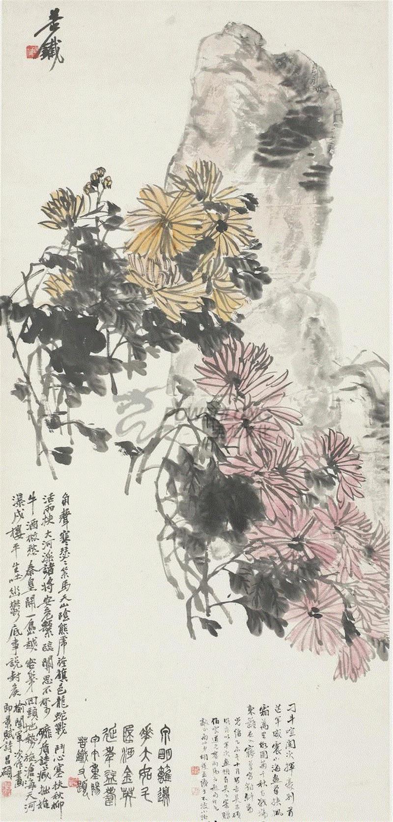 《菊石图》吴昌硕--宝龙美术馆书藏楼在展,PowerLong 言 | 从书藏楼看海上画派,海上画派,Power,Long,张大千,任伯年,海派,宝龙美术馆,吴昌硕,展期,美术馆