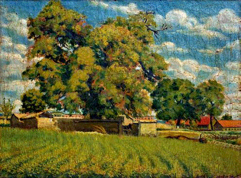 《大树麦田》 赵文量 1956 年 布面油画 55X43CM,【@LOFT | 话题聚焦】那弯新月，是时代内部的抒情 —《新月：赵文量、杨雨澍回顾展》,赵文量,新月,LOFT,杨雨澍回顾展,杨雨澍,社会主义,政治,苏伟,小夜曲,框架