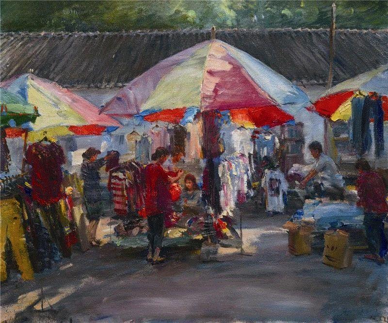 ▲ 张崇政《斑斓的集市》 60×72cm 布面油画,【即将展出】色彩无锡——2018无锡油画展,无锡,油画展,油画,凤凰艺都美术馆,姓氏,笔画,无锡市文学艺术界联合会,无锡市,事业,张崇政