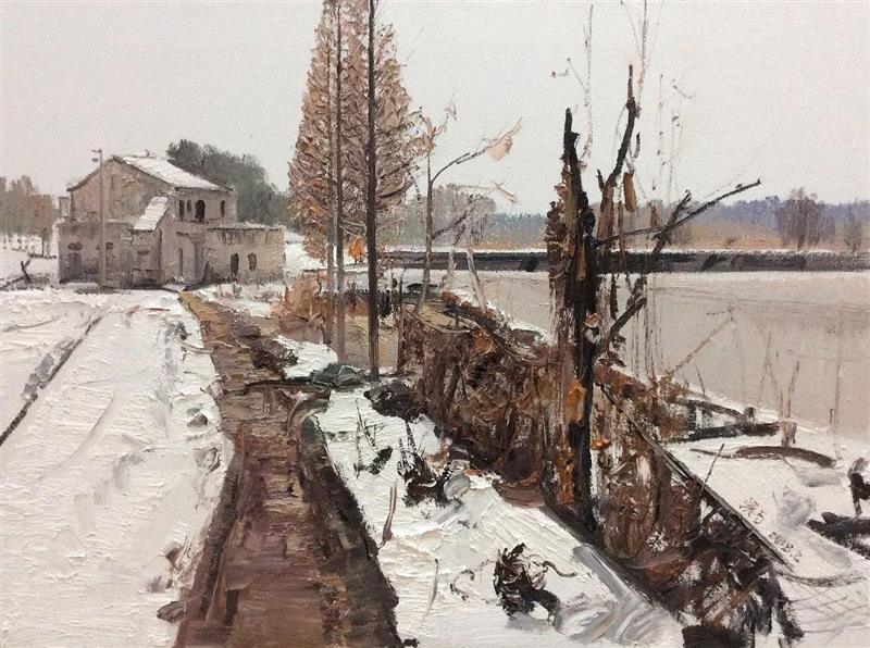▲ 刘建平《冬日渎山村》 60×80cm 布面油画,【即将展出】色彩无锡——2018无锡油画展,无锡,油画展,油画,凤凰艺都美术馆,姓氏,笔画,无锡市文学艺术界联合会,无锡市,事业,张崇政