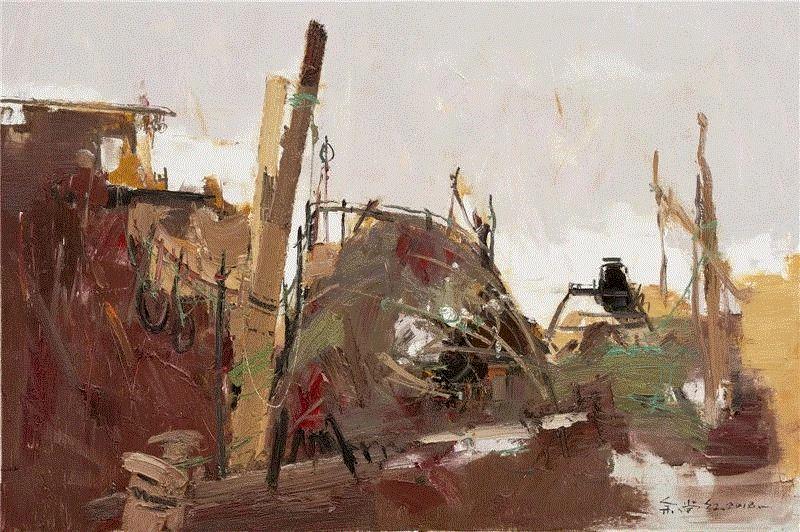 ▲ 余尚泓《太湖岸边的船舶》 60×90cm 布面油画,【即将展出】色彩无锡——2018无锡油画展,无锡,油画展,油画,凤凰艺都美术馆,姓氏,笔画,无锡市文学艺术界联合会,无锡市,事业,张崇政