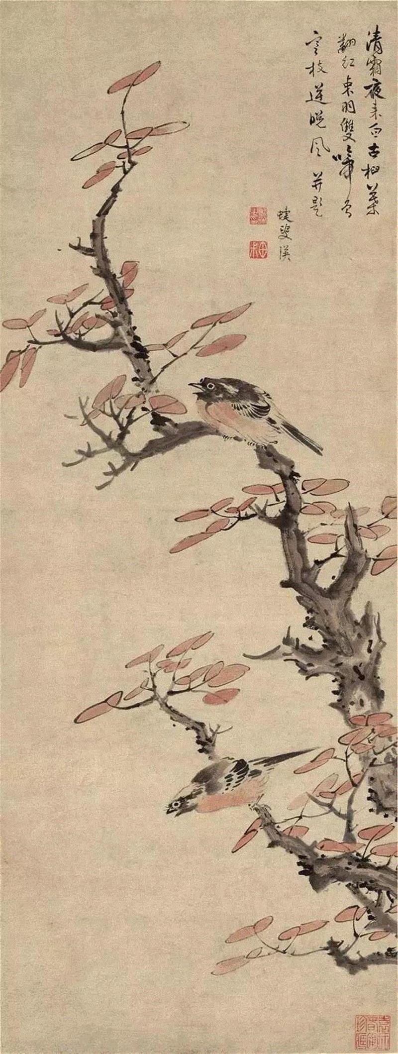 明 蓝瑛《红叶秋禽图》,国画里的秋天,意浓~,国画,倪瓒,月下,画中,王蒙,秋色,枝头,主人,笔墨,黄公望