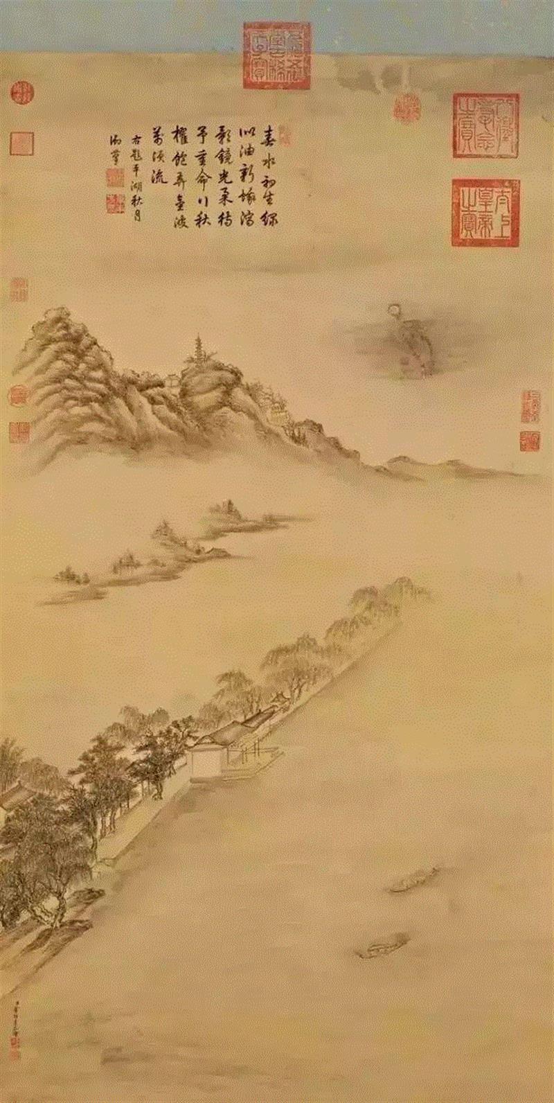 清 董邦达《平湖秋月·西湖八景》,国画里的秋天,意浓~,国画,倪瓒,月下,画中,王蒙,秋色,枝头,主人,笔墨,黄公望