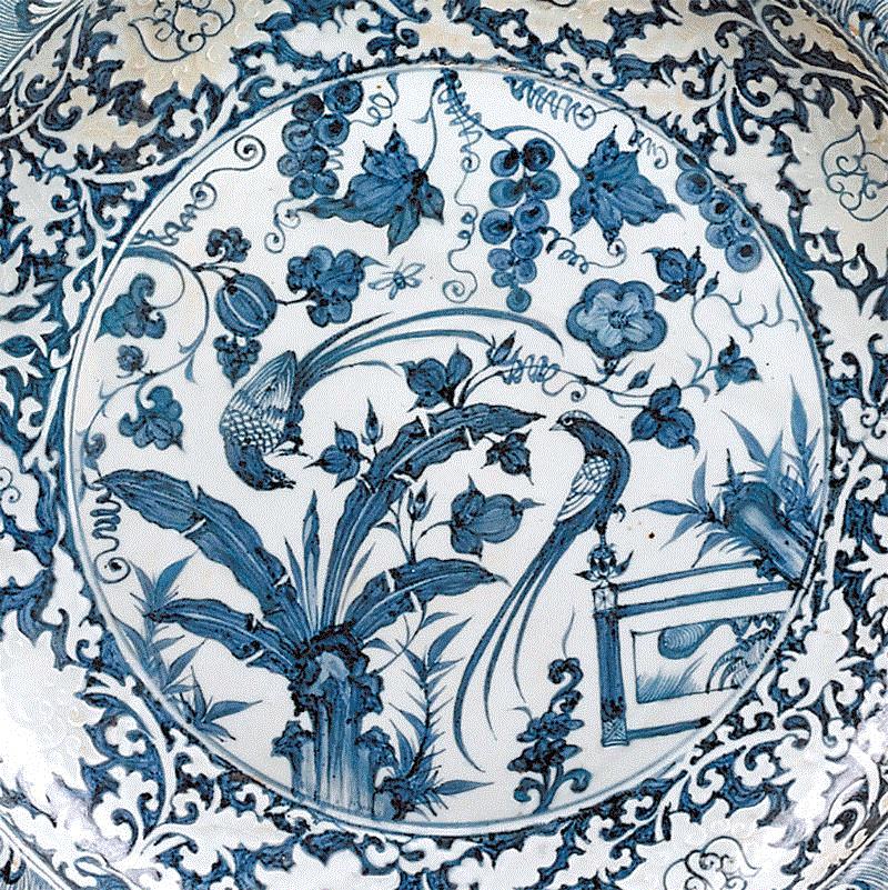 【艺文飨宴】元代青花搭景纹,元代,艺文,飨宴,青花搭景纹,青花,纹饰,昆虫,瓜果,大盘,瓷器