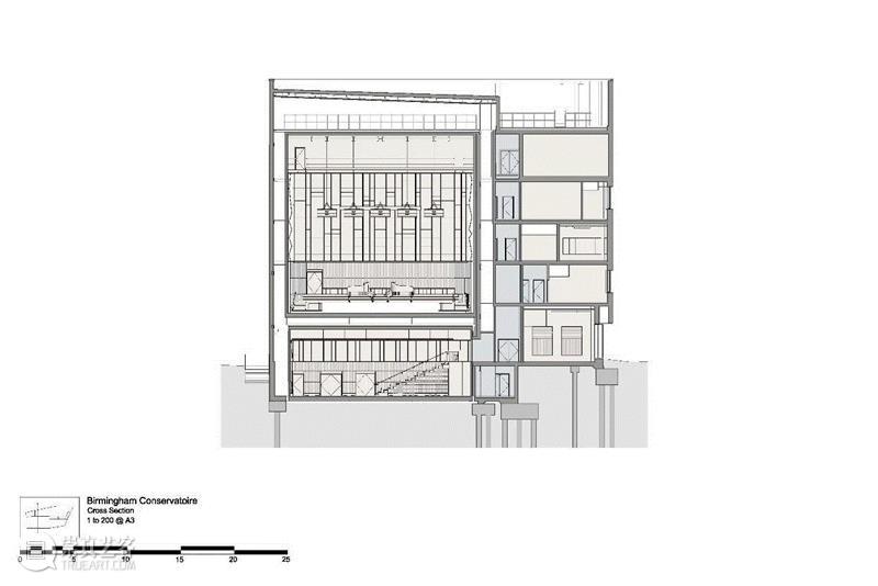 剖面图,伯明翰皇家音乐学院，全数字化功能厅为学生提供最佳场所 / Feilden Clegg Bradley Studios,伯明翰皇家音乐学院,建筑,音乐,座位,英国,剖面图,演奏厅,Crow,平面图,景观