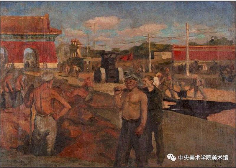戴泽 《整修天安门广场》  布面油画 64×89.5cm  1949,“中央美术学院百年校庆特展：耕耘者——戴泽油画艺术展”即将启幕 | CAFAM展览预告,戴泽,油画,中央美术学院,校庆,耕耘者,艺术展,CAFAM,预告,徐悲鸿,中央美术学院美术馆