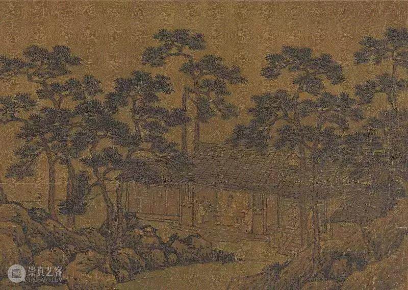 本幅右侧描写余荫堂中祖母端坐，子孙侍奉之景，春晖寸草和乐融融。松柏高耸清翠，仙鹤伫立于旁，赋以松鹤延