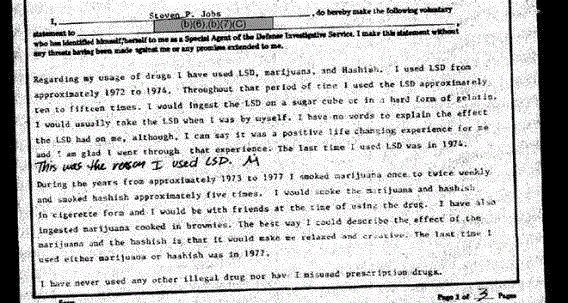 在乔布斯填写的表格旁边有手写的字迹，写的是“这是我服用LSD的理由”。,作为神秘主义者的乔布斯,乔布斯,主义者,弗里德兰,农庄,LSD,图源,罗伯特,苹果,附近,果园